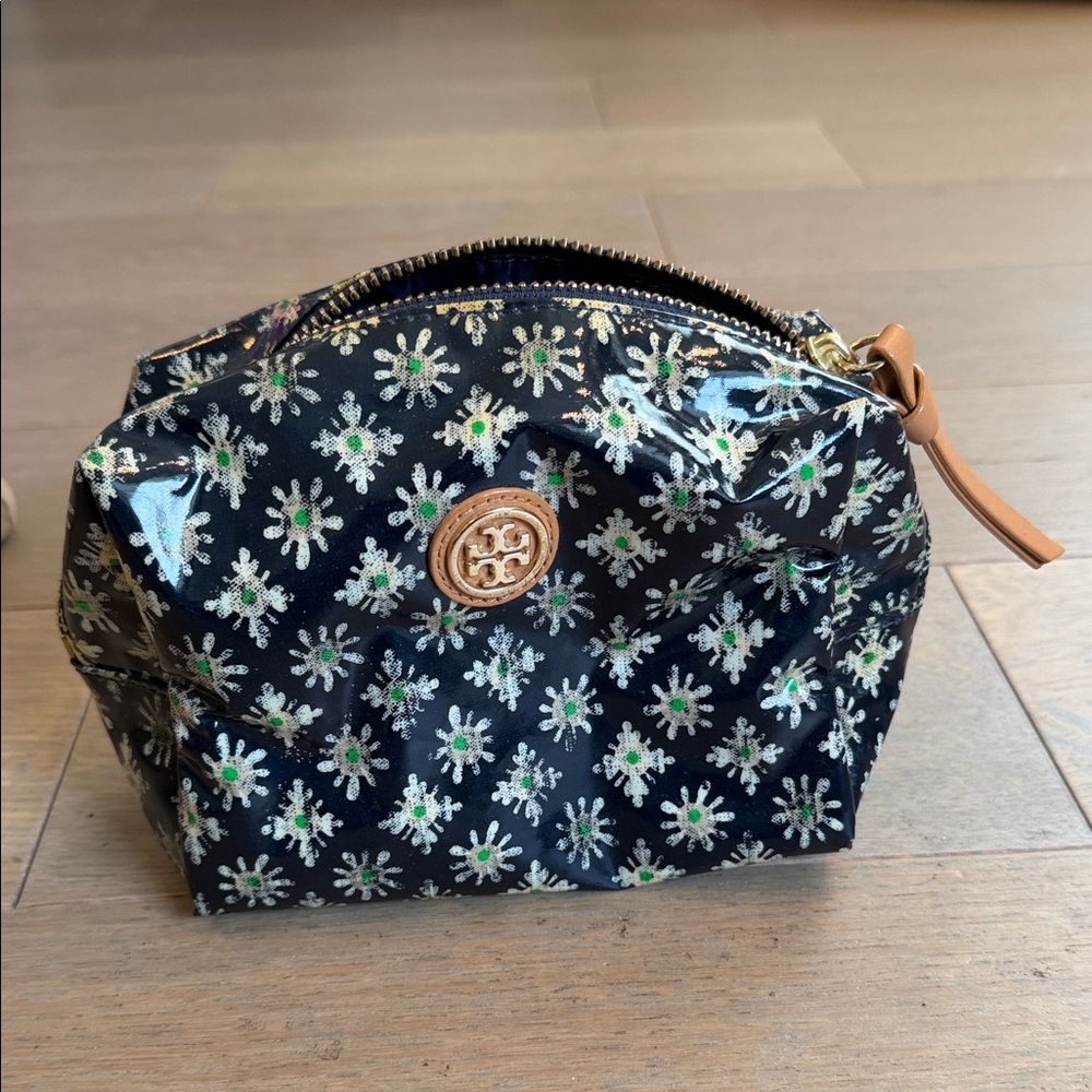 Tory Burch Black Floral Logo Cosmetic Pouch with Tan Trim